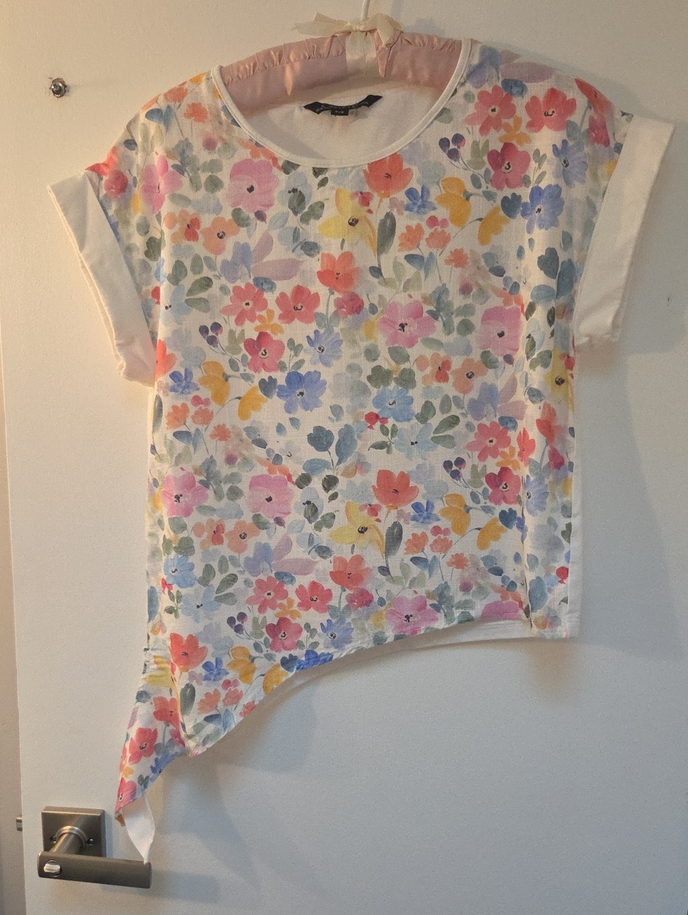 CHARLIE B Floral Asymmetric Tee - White with Pink, Yellow & Blue Flowers